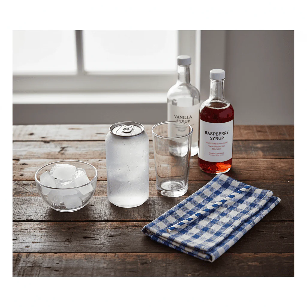 A top-down flat-lay with a chilled can of Pepsi, a bottle of Torani vanilla syrup, a bottle of Torani raspberry syrup, a tall empty glass, a pile of ice cubes in a bowl, and a striped straw arranged neatly on the wood surface.