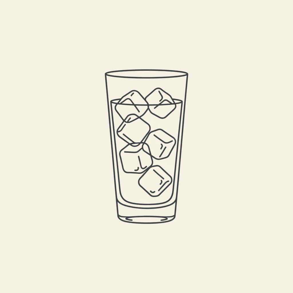 Fill Glass with Ice: a tall clear glass filled with cubed ice