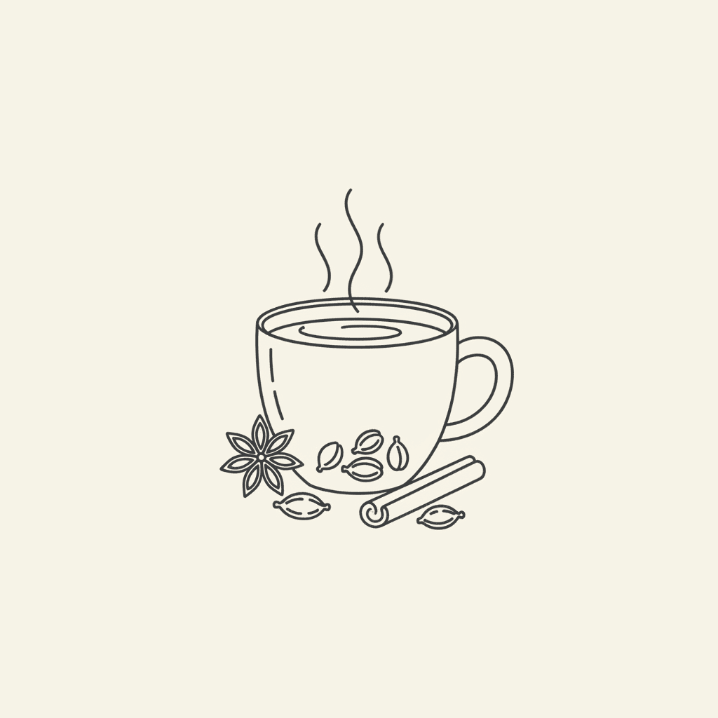 Brew the Chai: a steaming mug of dark tea with spice pods