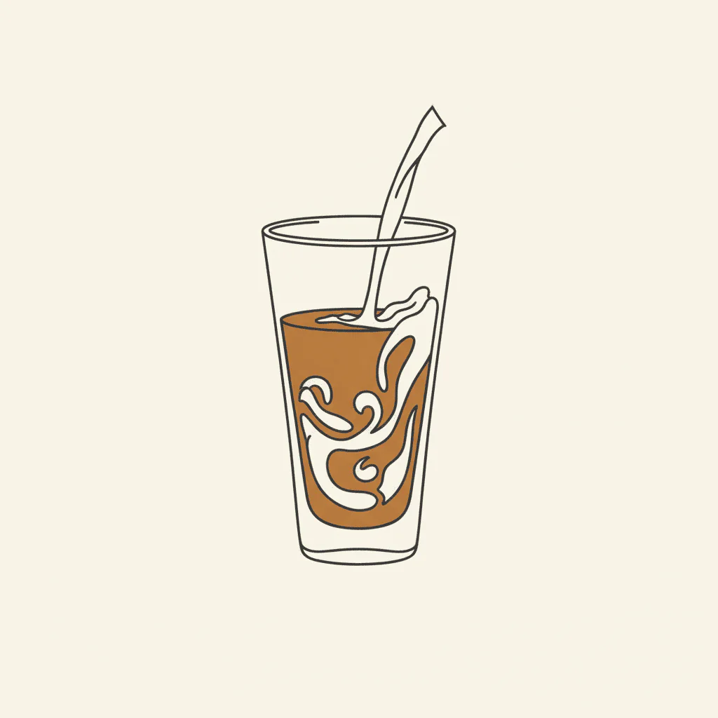 Combine Base: a tall glass with brown liquid and white milk being poured