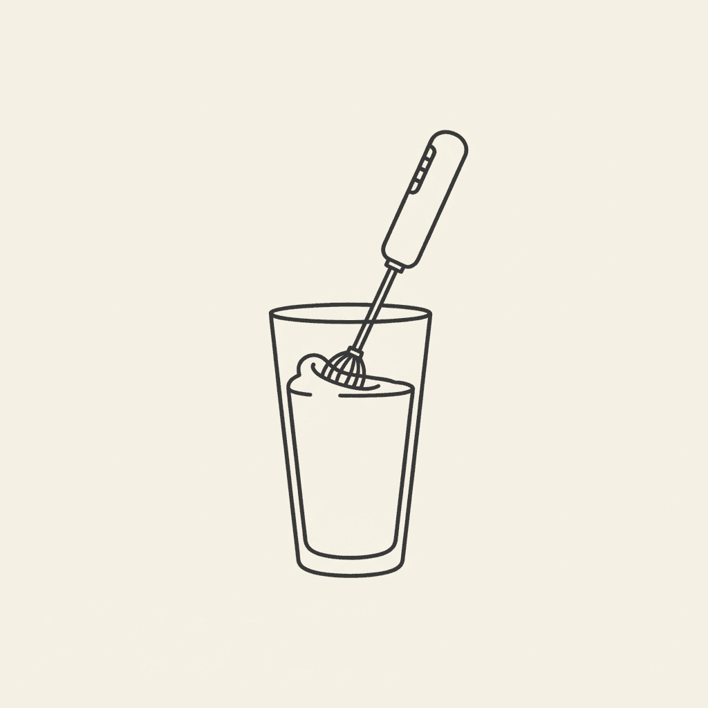 Froth the Mixture: a handheld milk frother in a tall cup with creamy liquid