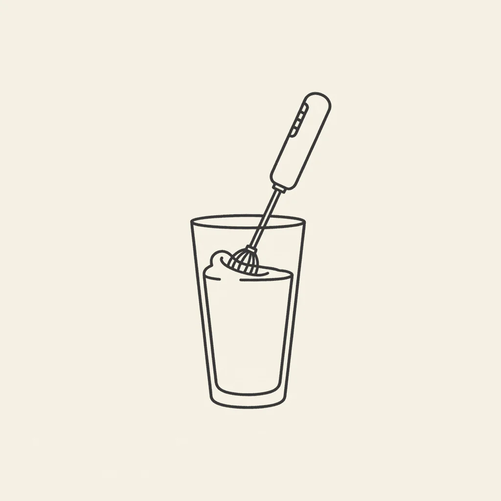 Froth the Mixture: a handheld milk frother in a tall cup with creamy liquid