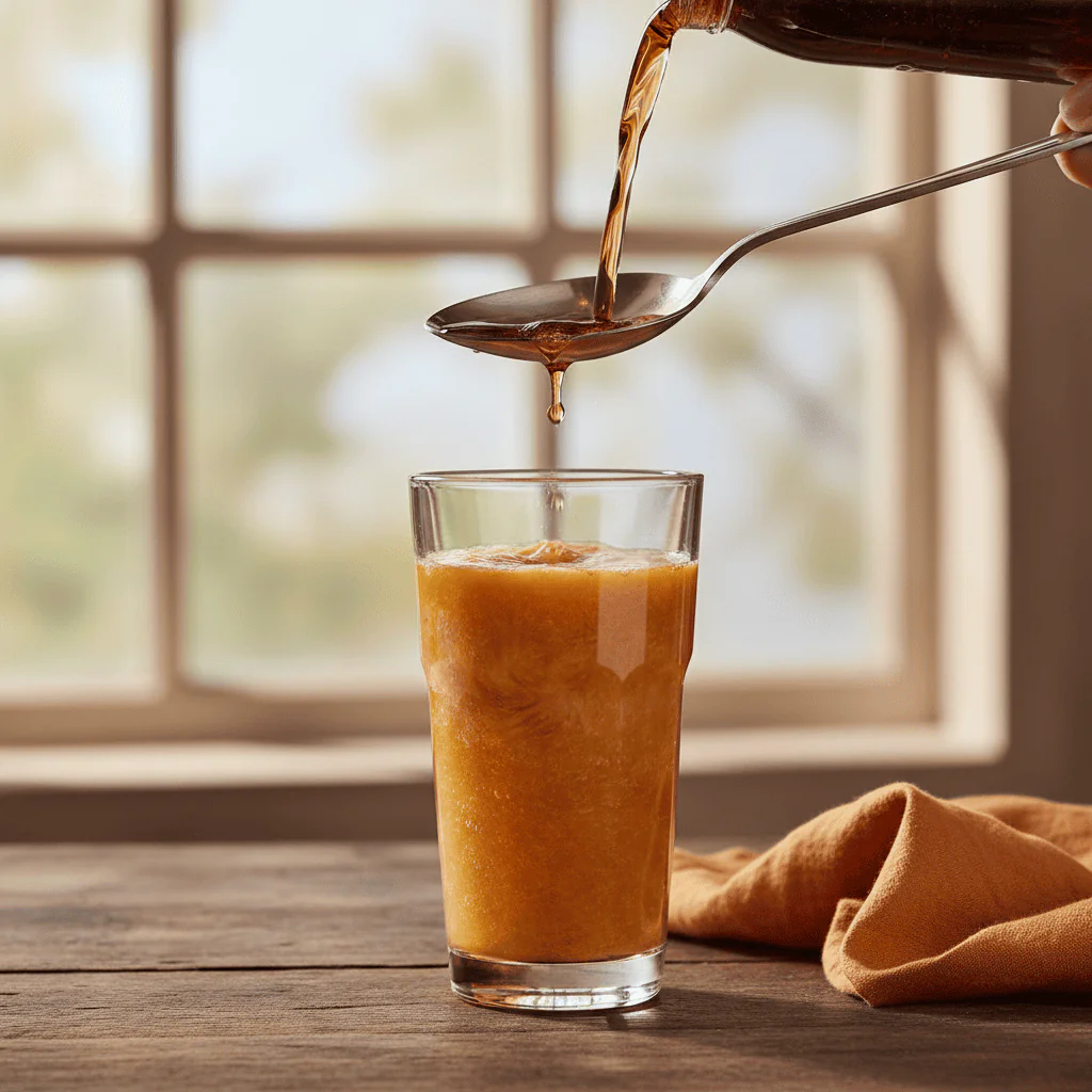a close, dynamic shot of brown Pepsi Zero Sugar being poured slowly over the back of a stainless steel spoon into a tall glass already containing the orange mango puree, capturing the liquid stream and the beginning of the layered effect.