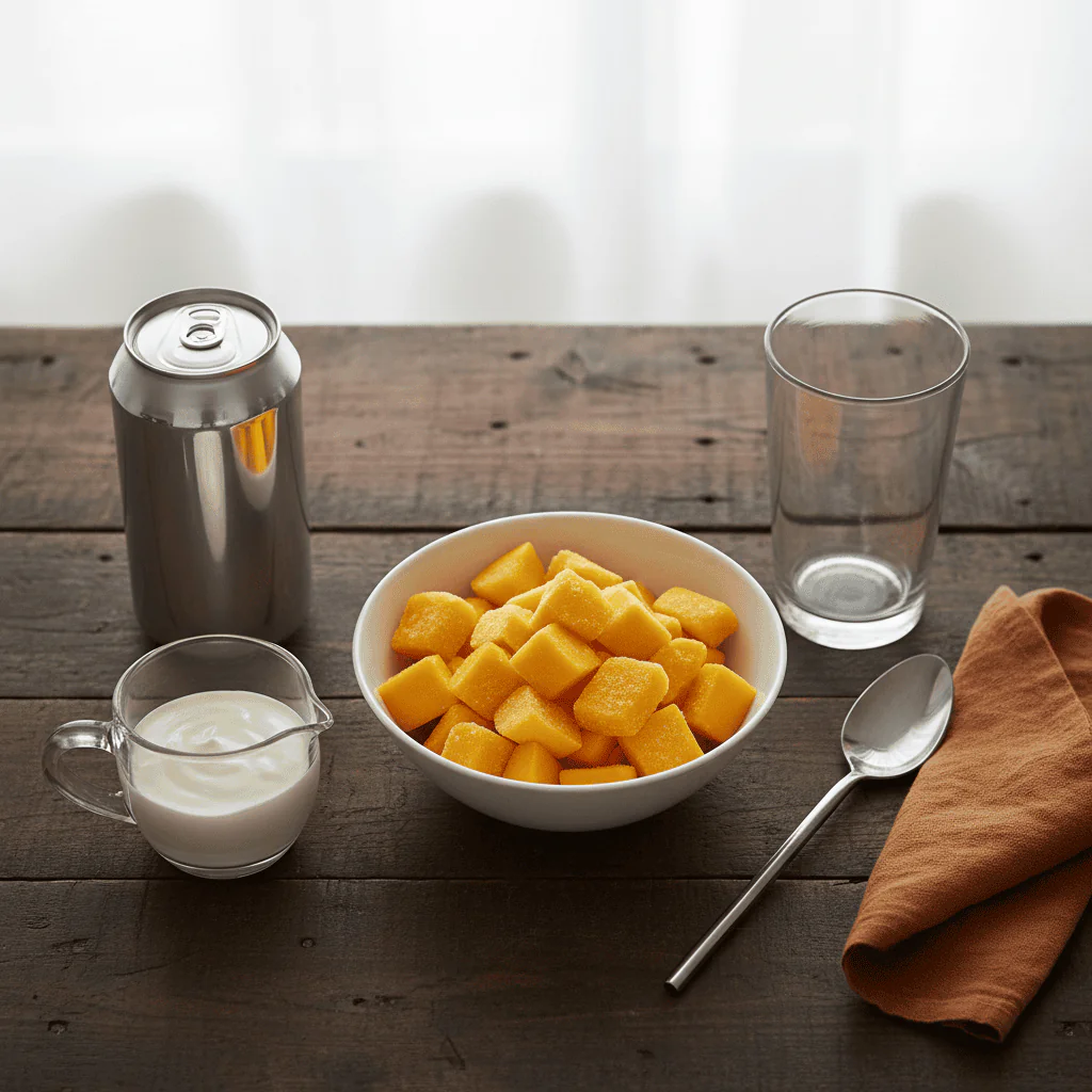 a top-down flat-lay of this drink's raw ingredients: a neat pile of frozen mango chunks in a white bowl, a single can of Pepsi Zero Sugar, a small glass pitcher of heavy cream, a tall clear glass, a straw, and a spoon, arranged neatly on a dark wood surface.