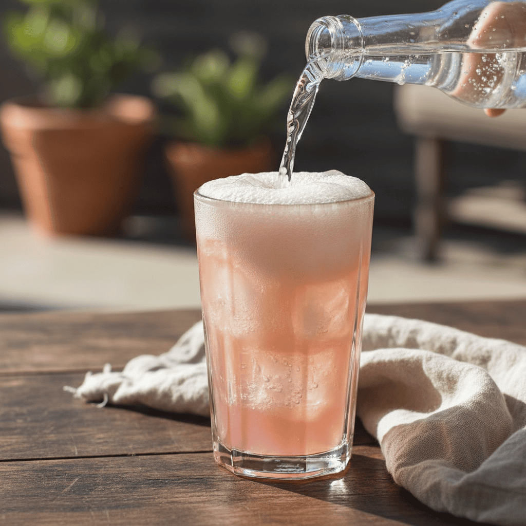 a close-up, dynamic pouring shot of chilled soda water being poured from a bottle into a highball glass already containing the pink tequila and grapefruit mixture over ice, capturing the fizz and bubbles
