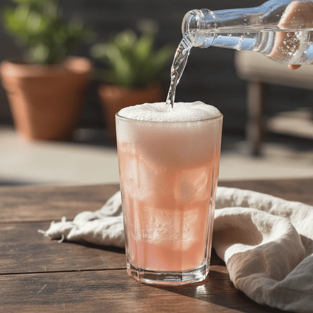 a close-up, dynamic pouring shot of chilled soda water being poured from a bottle into a highball glass already containing the pink tequila and grapefruit mixture over ice, capturing the fizz and bubbles