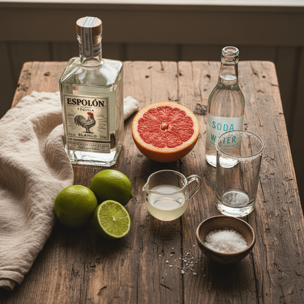 a top-down flat-lay of the raw ingredients: a bottle of blanco tequila (Espolòn), one whole ruby red grapefruit cut in half, two limes, a small pitcher of simple syrup, a bottle of soda water, a small bowl of coarse salt, and a highball glass