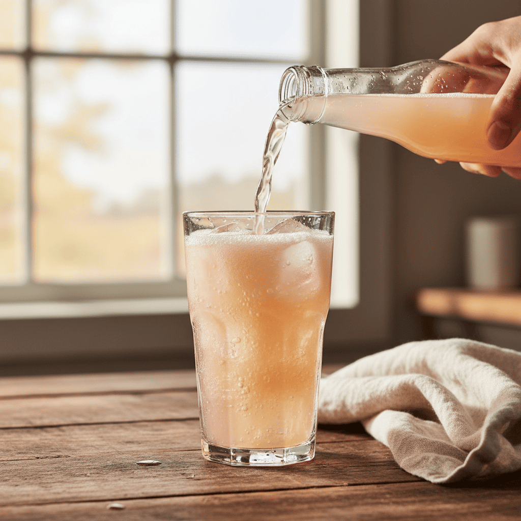 A close, dynamic shot of grapefruit soda being poured from a bottle into a highball glass already containing tequila and ice, capturing the lively bubbles as they mix.