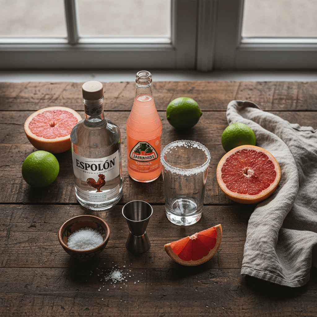 A top-down flat-lay of the raw ingredients: a bottle of blanco tequila (Espolòn), a bottle of Jarritos Toronja grapefruit soda, two fresh limes, a whole grapefruit, a small bowl of kosher salt, a jigger, and a highball glass.