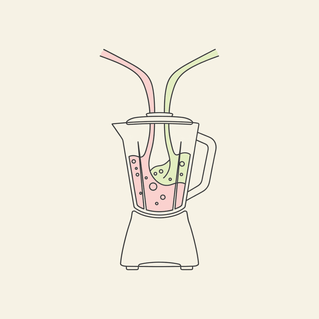 Add to Blender: a blender pitcher with pink syrup and green lime juice being poured in