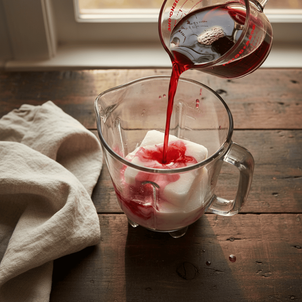 A close-up, dynamic shot from above of red maraschino cherry juice being poured from a glass measuring cup into a blender pitcher already containing the white frozen limeade concentrate, creating a swirl of red and white.