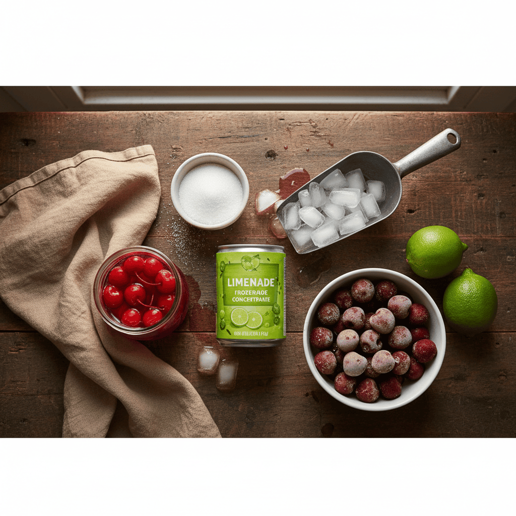 A top-down flat-lay of the recipe's raw ingredients: a can of Minute Maid frozen limeade concentrate, a jar of maraschino cherries with red juice visible, a small bowl of granulated sugar, a pile of ice cubes in a metal scoop, a bowl of frozen dark sweet cherries, and two whole limes.