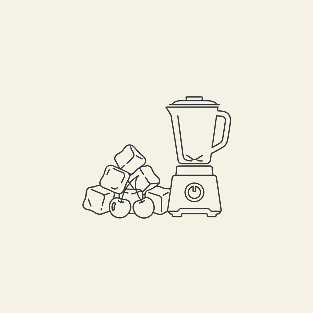 Add Ice & Cherries: a pile of ice cubes and frozen cherries next to a blender