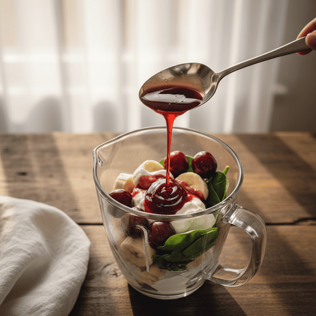 A dynamic overhead close-up shot of red maraschino cherry syrup being poured in a slow, glossy stream from a spoon into a blender pitcher containing the other ingredients.