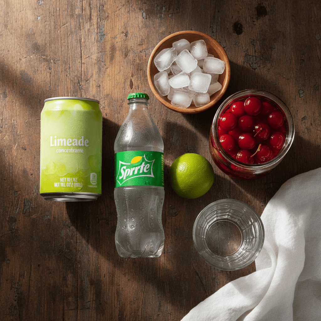 A top-down flat-lay of the raw ingredients: a can of frozen limeade concentrate, a bottle of Sprite, a jar of maraschino cherries with syrup visible, a fresh lime, a bowl of clear ice cubes, and a tall glass.