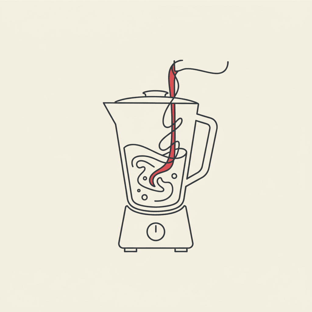 Add Liquids & Syrup: a blender pitcher with clear soda and red syrup being poured in