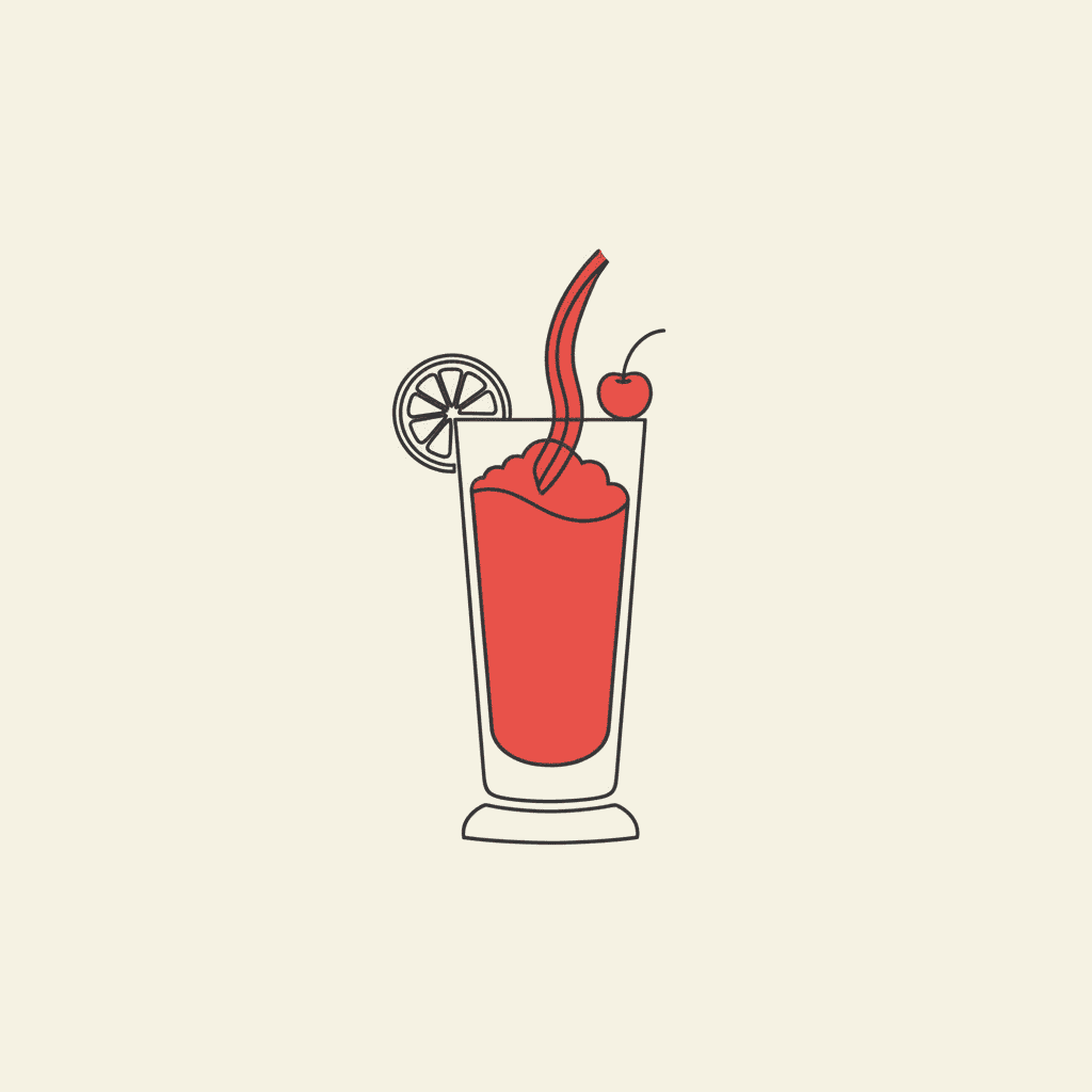 Pour & Garnish: a tall glass being filled with red slush, garnished with a lime and cherry